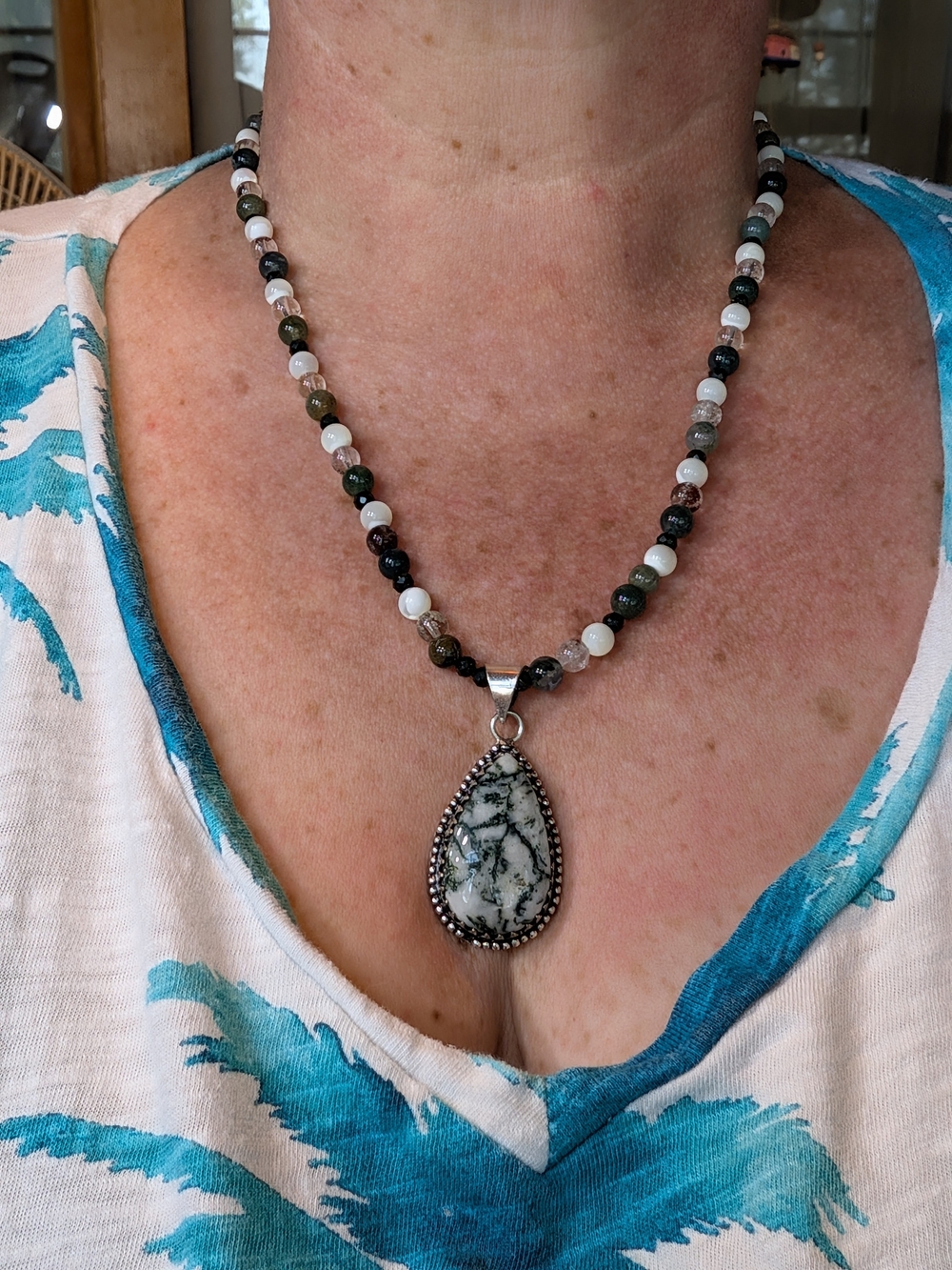 Multicolor Beaded Necklace with Dendritic Agate Teardrop Pendant